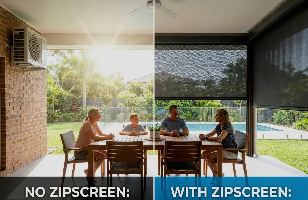Side-by-side comparison of an alfresco dining area without and with ZipScreen blinds blocking afternoon sun and glare
