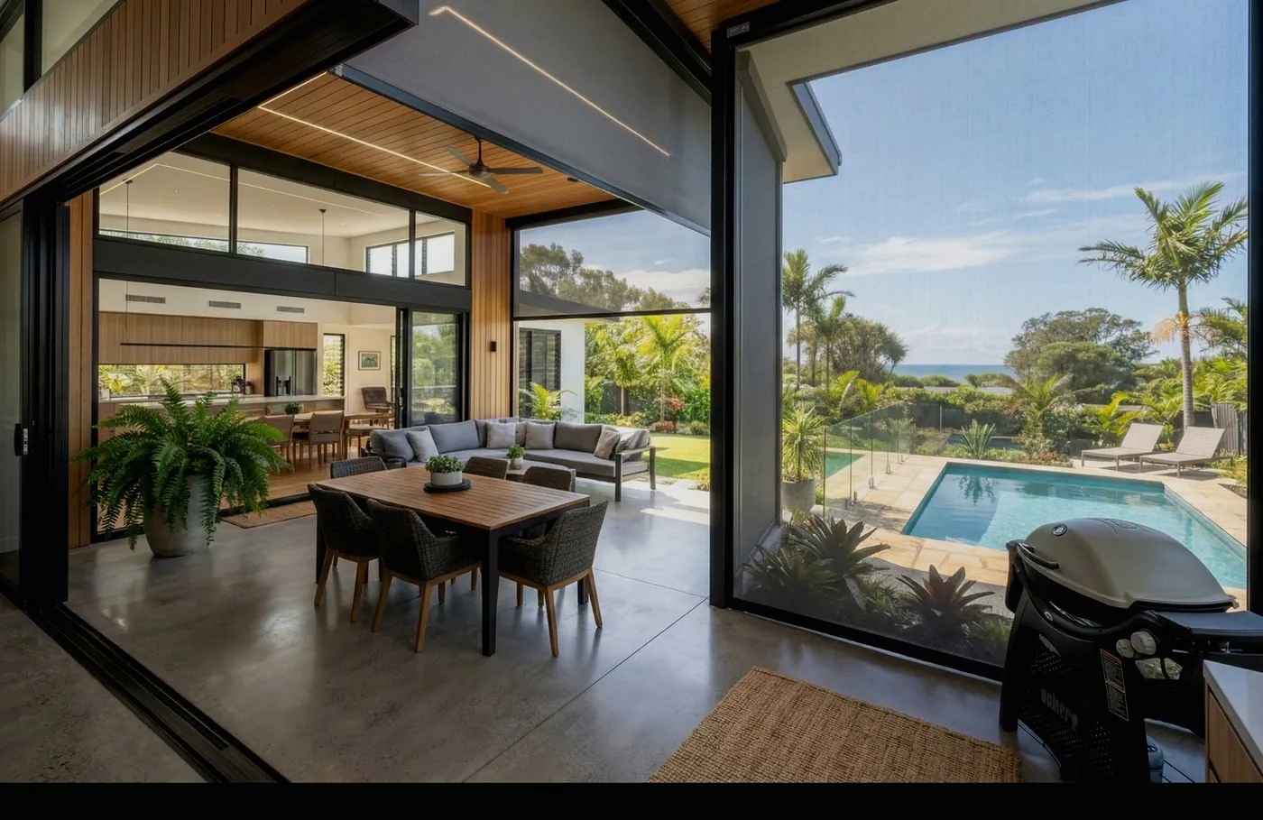 Coastal home indoor-outdoor living area with retractable screen blinds framing the pool and ocean view