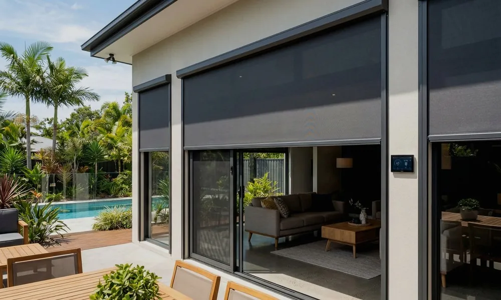 Exterior ZipScreen blinds lowered over large windows of a modern home beside the pool, with wall-mounted smart control panel