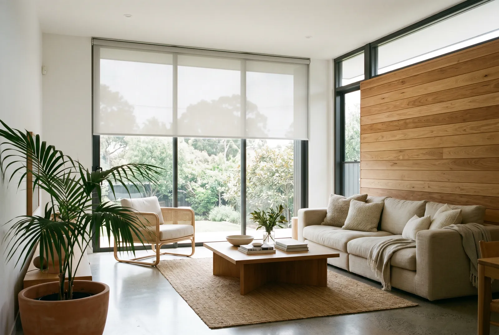 Acmeda Automate Wirefree battery-motorised roller blinds in a contemporary Australian apartment at golden hour — installed by Vivanova.