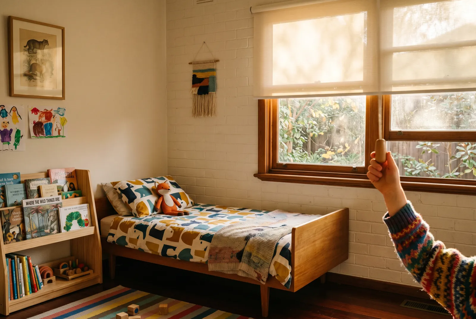 Chain-free Easy Spring Air roller blind in a child's bedroom — child-safe, no chains, no cords, no handles. Installed by Vivanova.