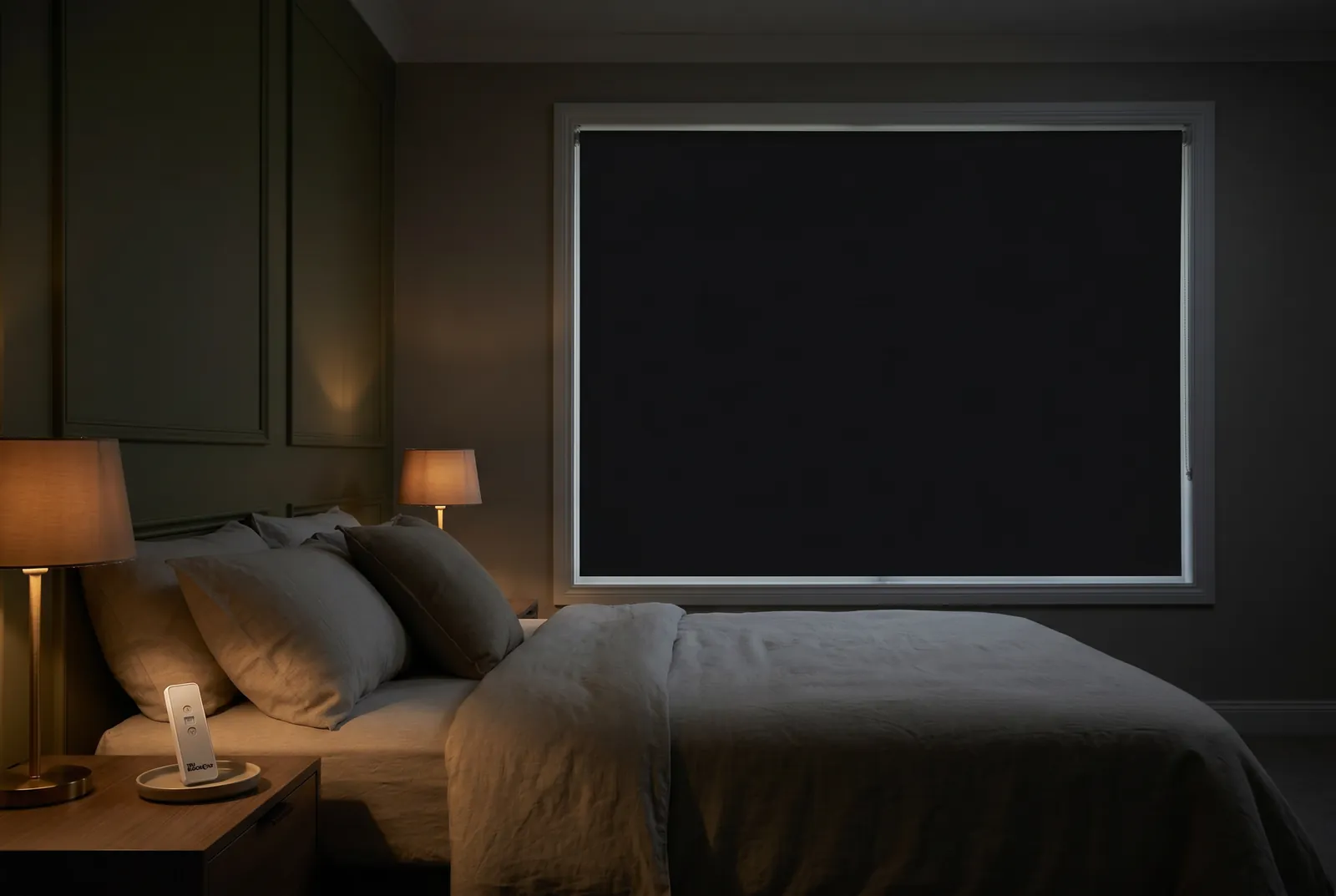 TruBlockout motorised roller blind delivering total darkness in a bedroom at midday