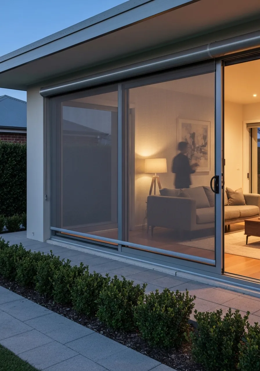 ZipScreen privacy shading on a residential home at dusk — soft fabric privacy without sacrificing the warmth or view from inside. Installed by Vivanova.