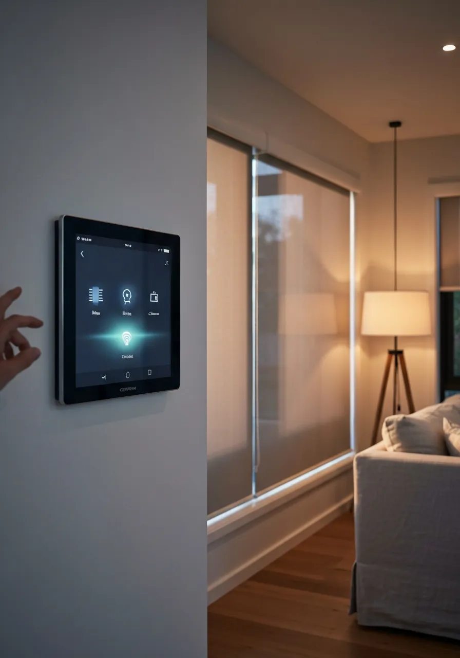 Smart-home control panel managing motorised blinds, lights, and climate in a contemporary Australian home — Acmeda Pulse 2, Alexa, and Google Home compatible. Installed by Vivanova.