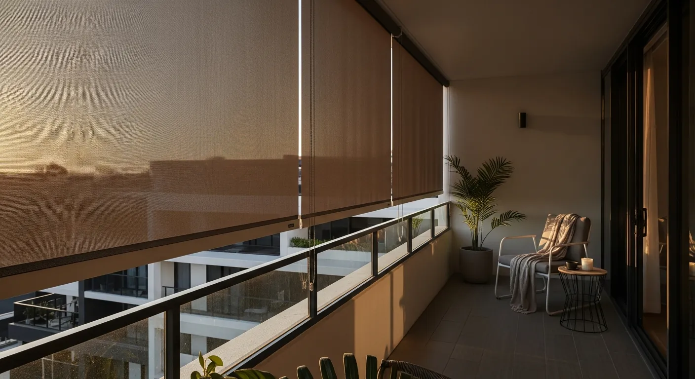 ZipScreen outdoor blind installed on an apartment balcony — wind, sun, and privacy protection while preserving the view. Installed by Vivanova.