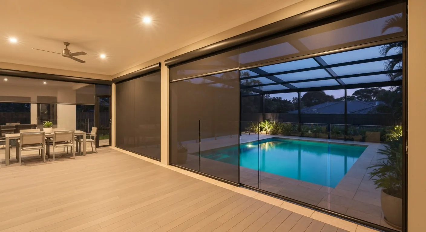 Premium ZipScreens enclosing an alfresco area next to a pool